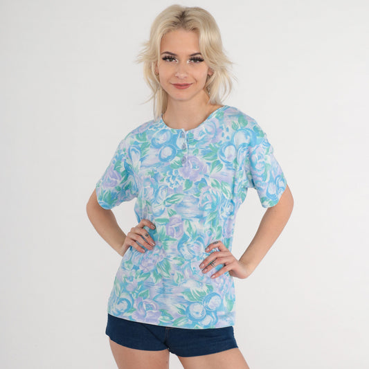 80s Floral Fruit Print Henley Shirt Blue Purple Short Sleeve Small