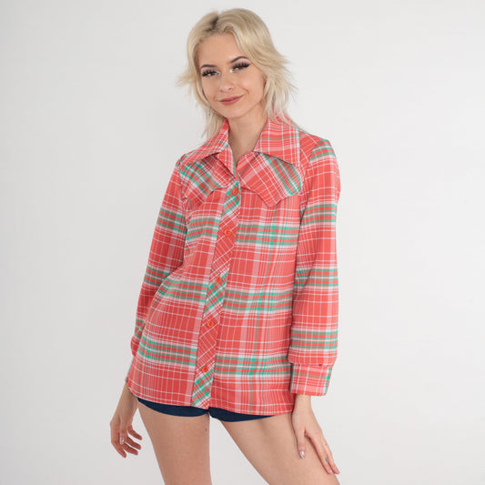70s Salmon Pink Plaid Western Button-Up Blouse Long Sleeve Small