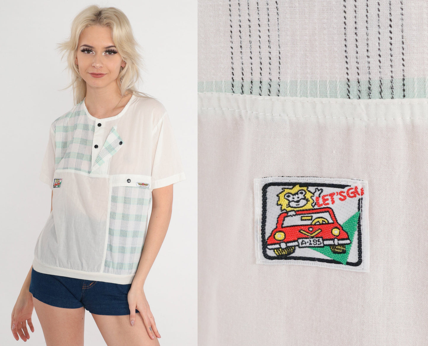 80s White Henley Shirt Plaid Lion Car Graphic Short Sleeve Small S