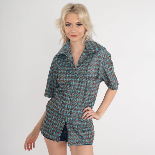 70s Disco Shirt Geometric Tile Print Zip Up Wing Collar Brown Blue Striped Large