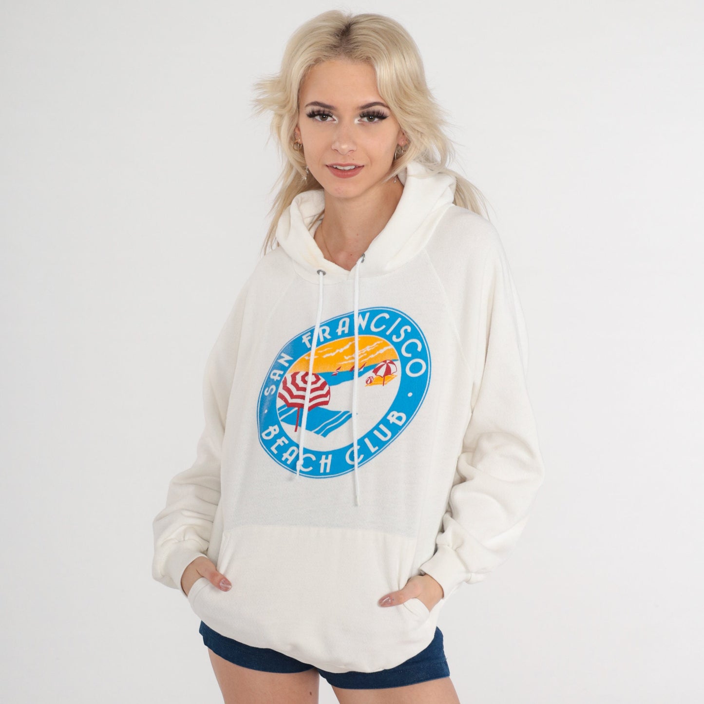 90s San Francisco Beach Club Hoodie White Raglan Graphic Sweatshirt Large