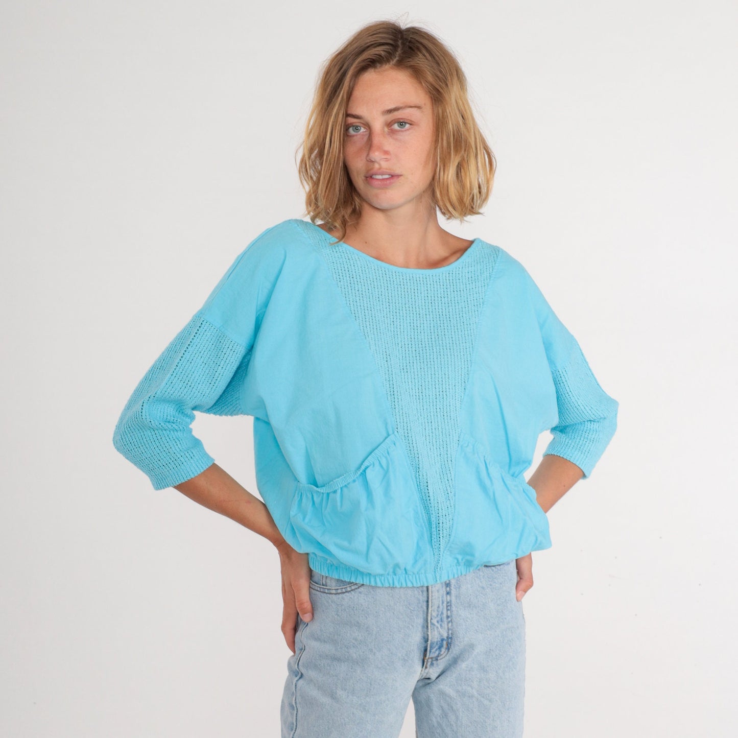 80s Blue Mesh Shirt 3/4 Sleeve Sheer Pocket Blouse Banded Hem Large L