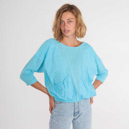 80s Blue Mesh Shirt 3/4 Sleeve Sheer Pocket Blouse Banded Hem Large L