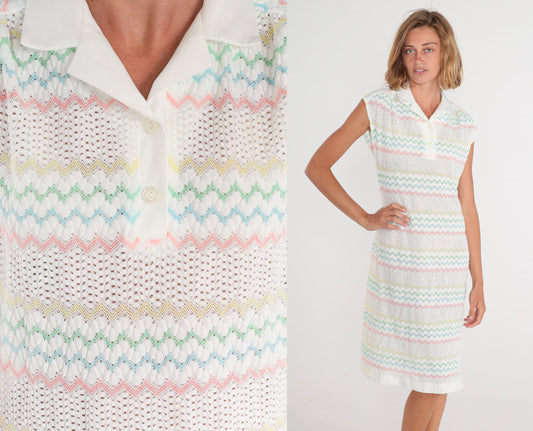 70s White Crochet Midi Dress Pastel Zigzag Striped Collared Cap Sleeve Medium