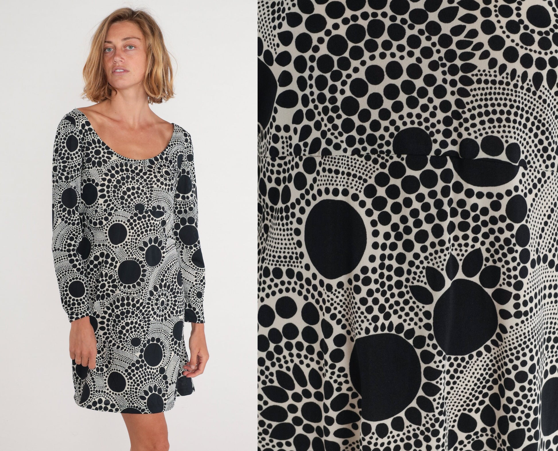 70s Mod Mini Dress Black White Abstract Dot Print Long Sleeve Medium