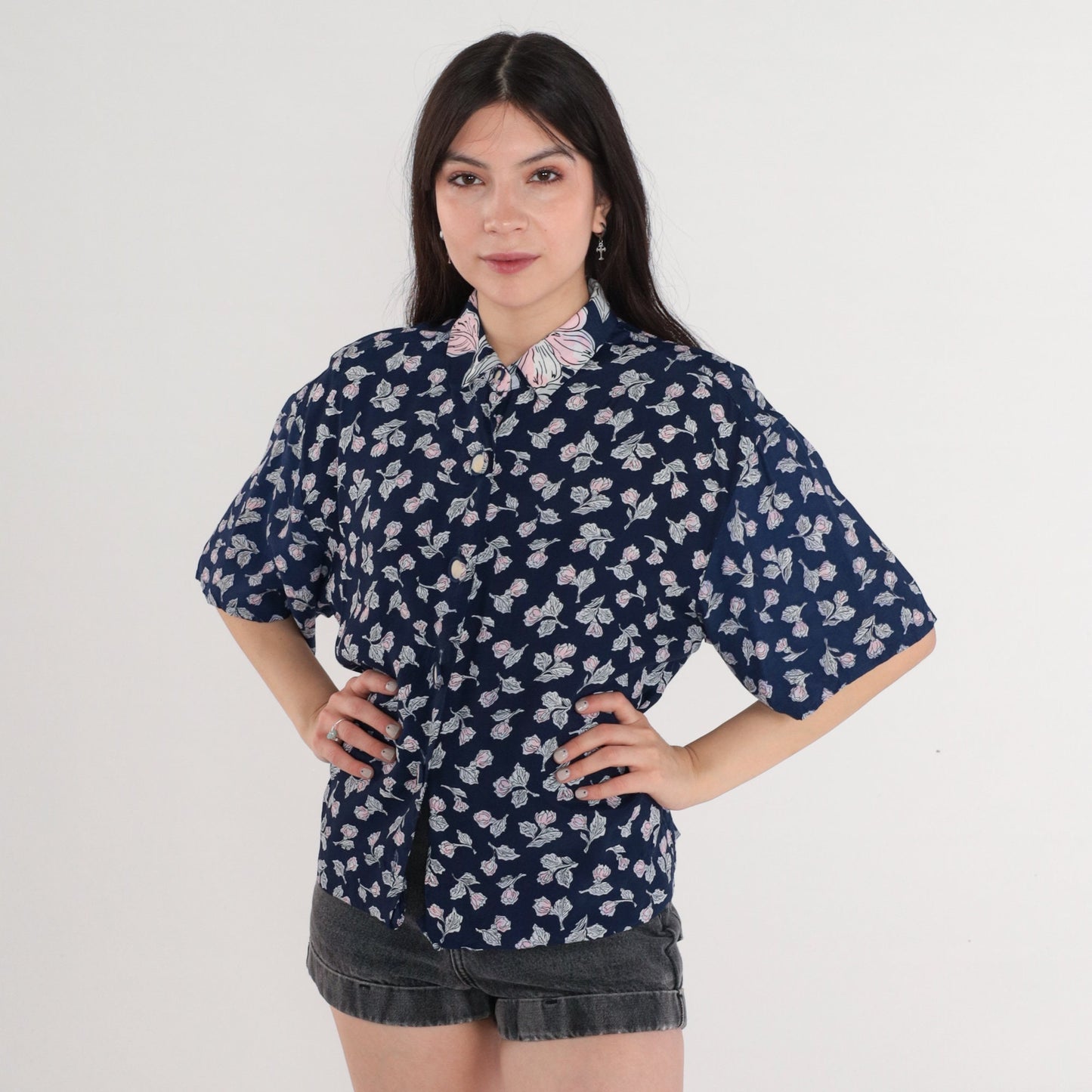90s Navy Floral Button-Up Blouse Short Sleeve Collared Shirt Large L