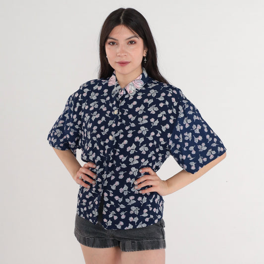 90s Navy Floral Button-Up Blouse Short Sleeve Collared Shirt Large L