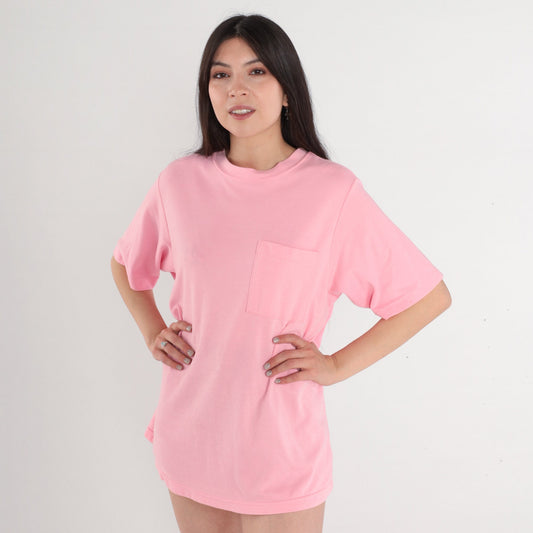 90s Pink Pocket T-Shirt Cotton Blend Vintage Large L