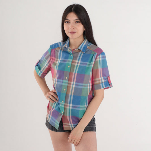 80s Russ Checkered Button-Up Blouse Green Blue Pink Plaid Medium