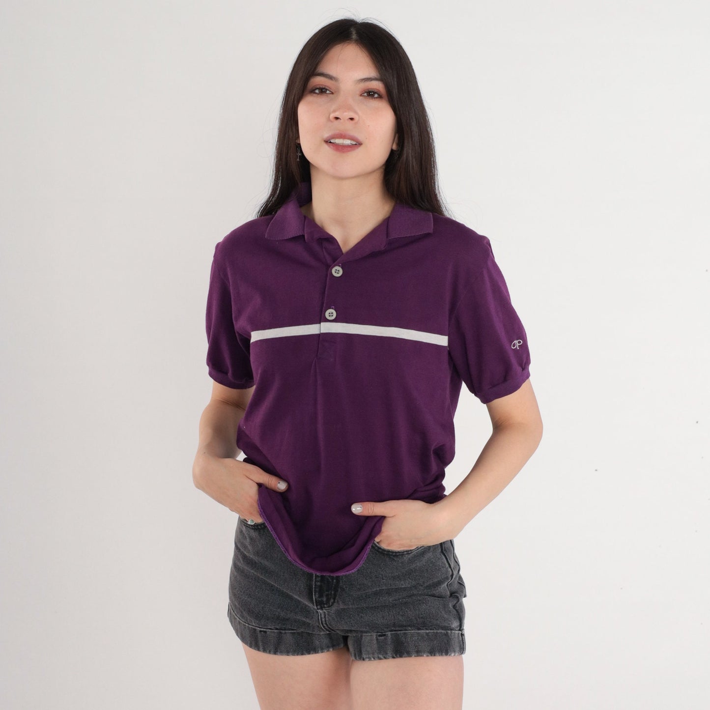 90s Ocean Pacific Polo Shirt Purple White Striped OP Logo Medium