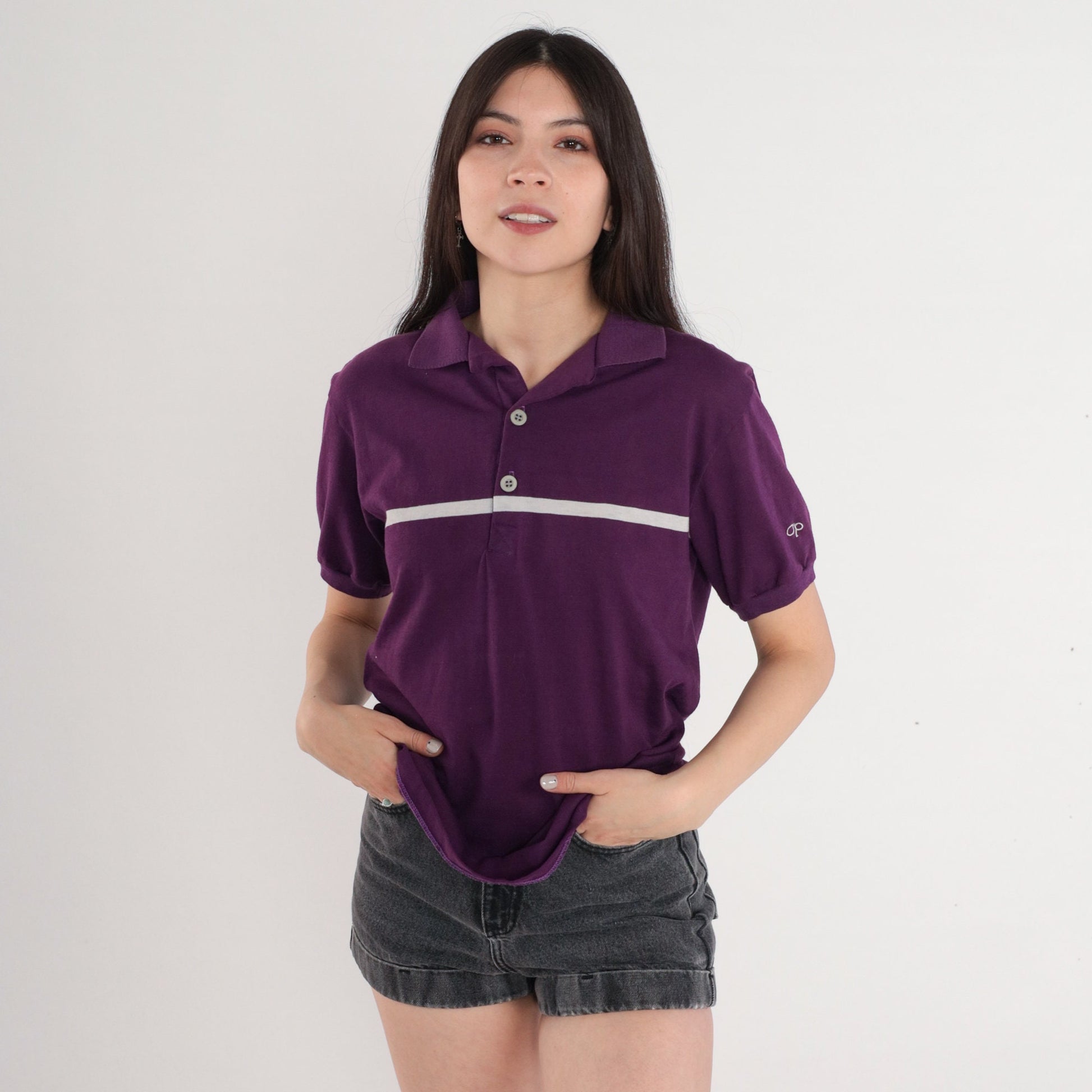 90s Ocean Pacific Polo Shirt Purple White Striped OP Logo Medium