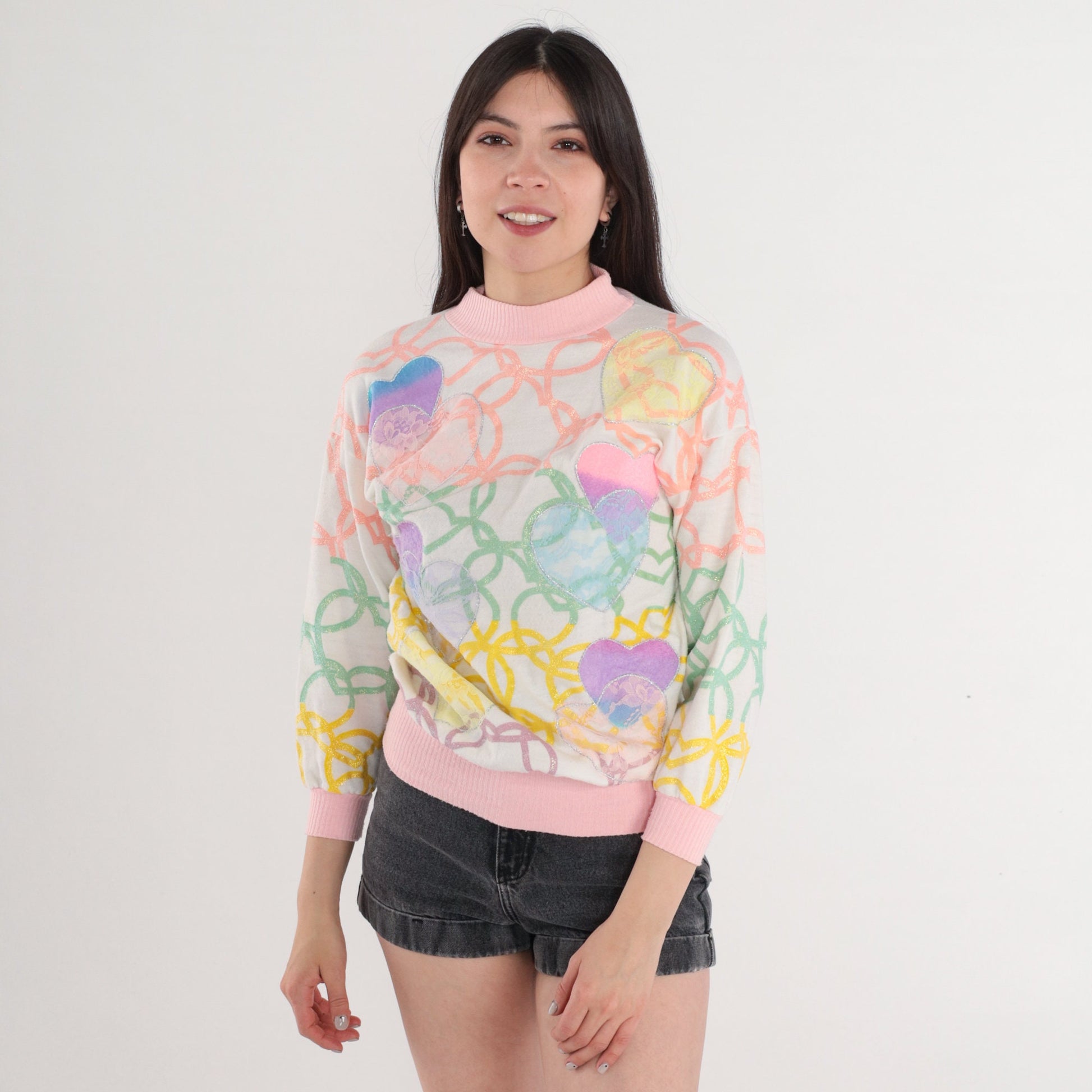 90s Glitter Heart Mock Neck Sweatshirt Floral Lace Patch White Pink Yellow Extra Small