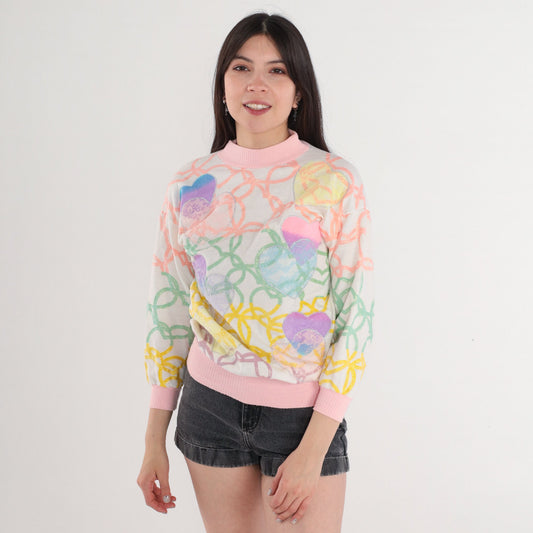 90s Glitter Heart Mock Neck Sweatshirt Floral Lace Patch White Pink Yellow Extra Small