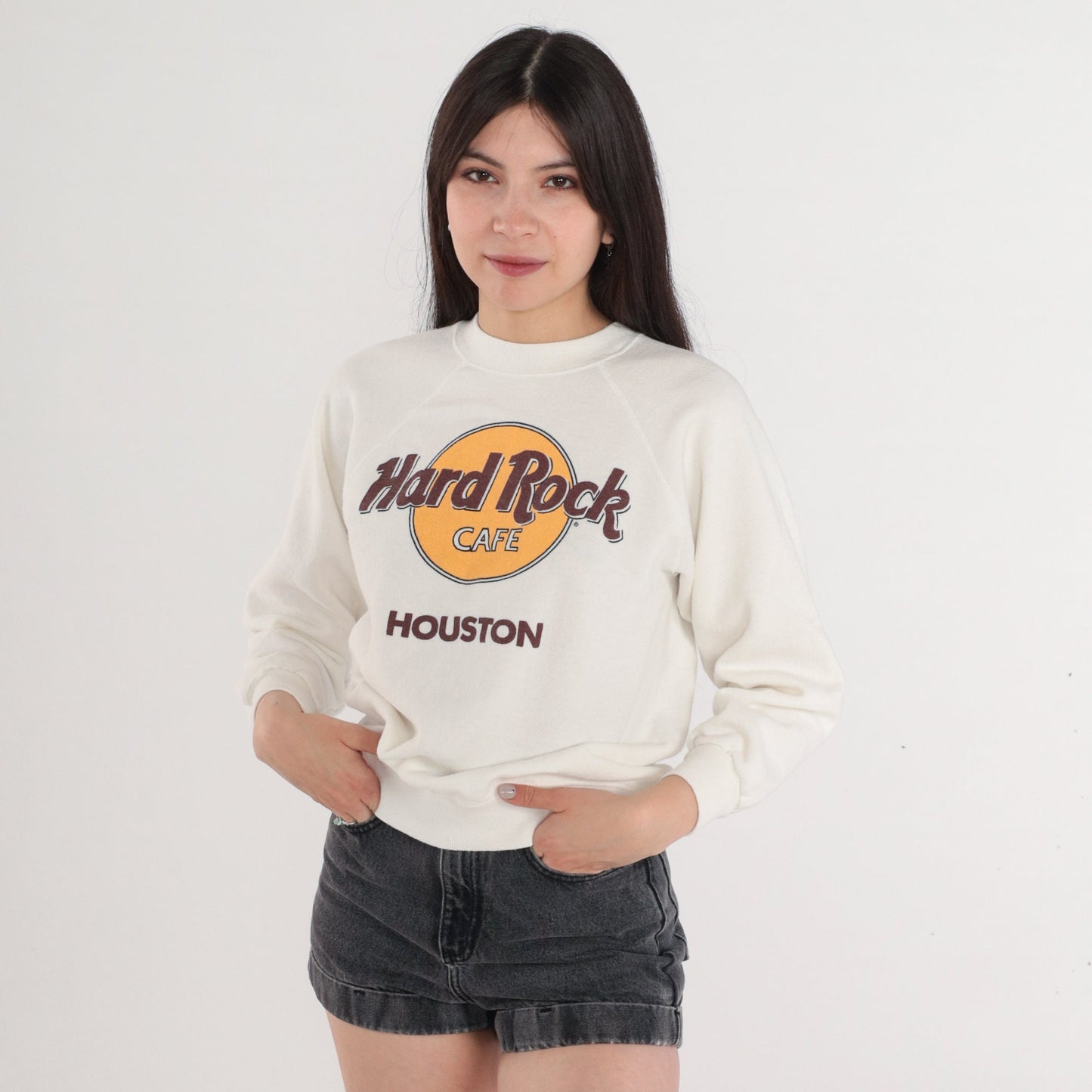 90s Hard Rock Cafe Houston Raglan Sweatshirt White Graphic Pullover Small