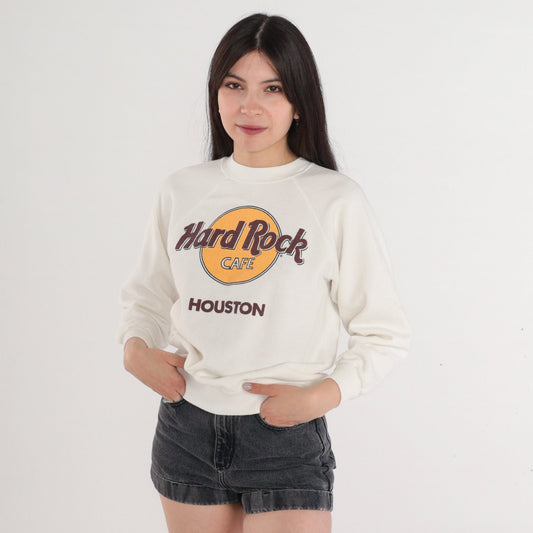 90s Hard Rock Cafe Houston Raglan Sweatshirt White Graphic Pullover Small