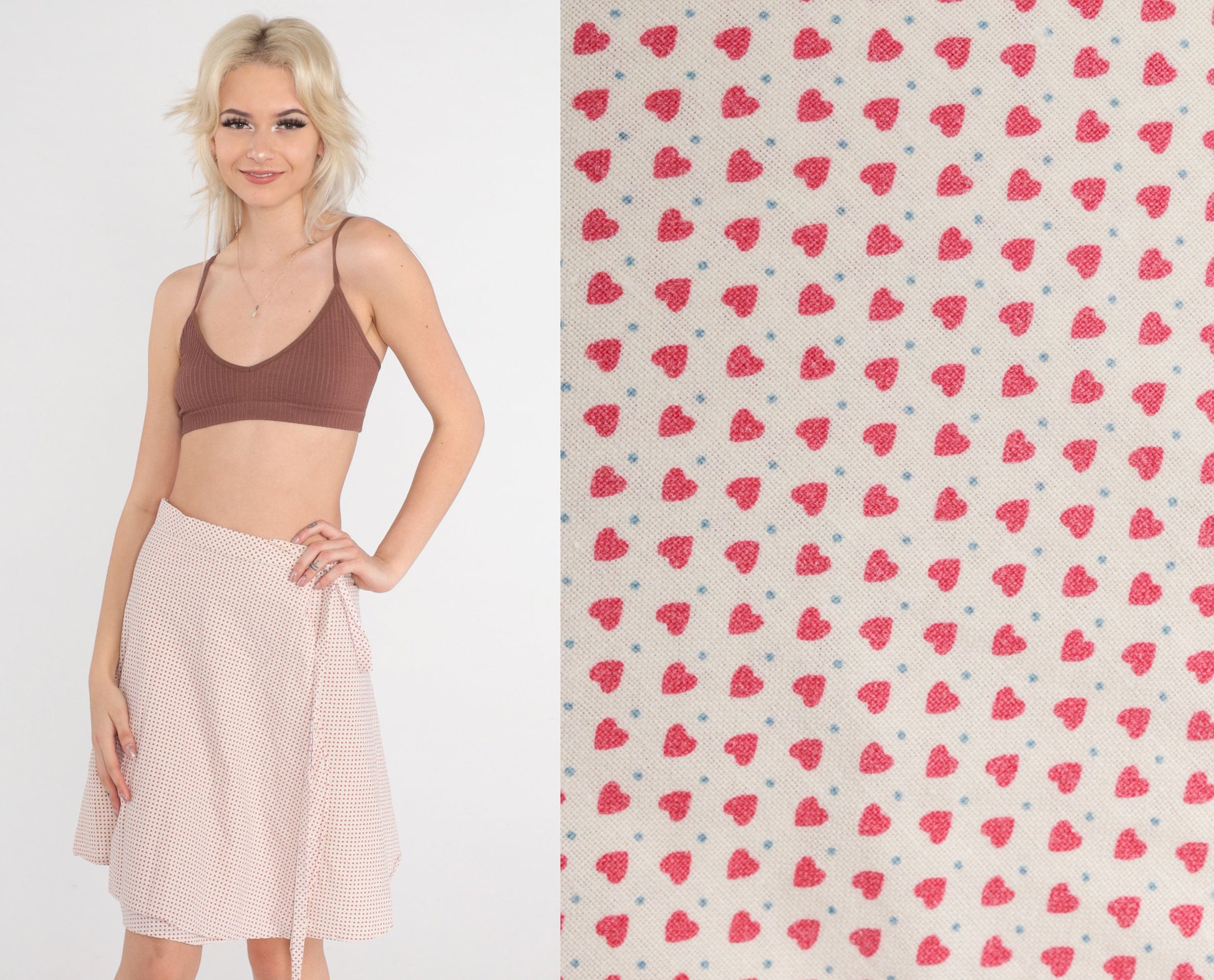 70s Wrap Skirt Heart Print Mini Skirt White Pink High Waisted Extra Small