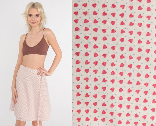 70s Wrap Skirt Heart Print Mini Skirt White Pink High Waisted Extra Small