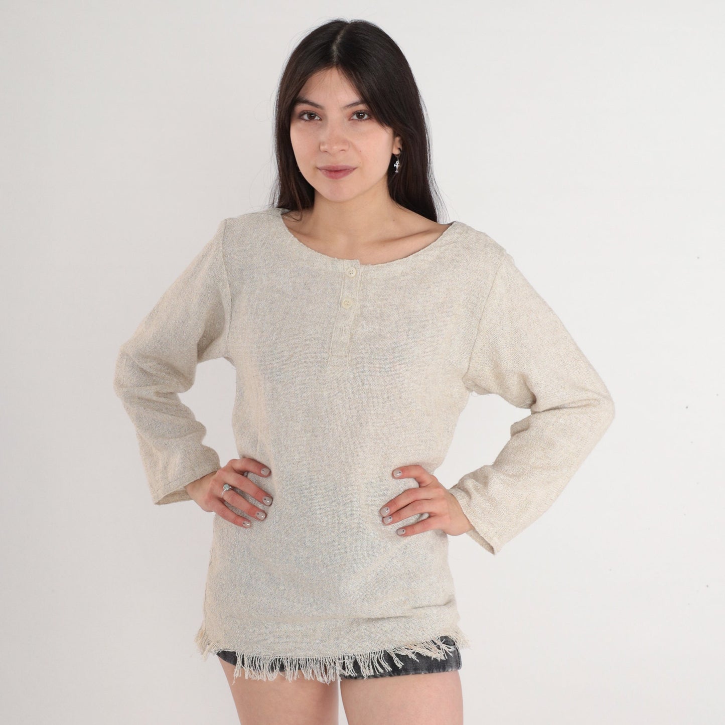 90s Jones New York Oatmeal Woven Henley Fringe Blouse Medium M