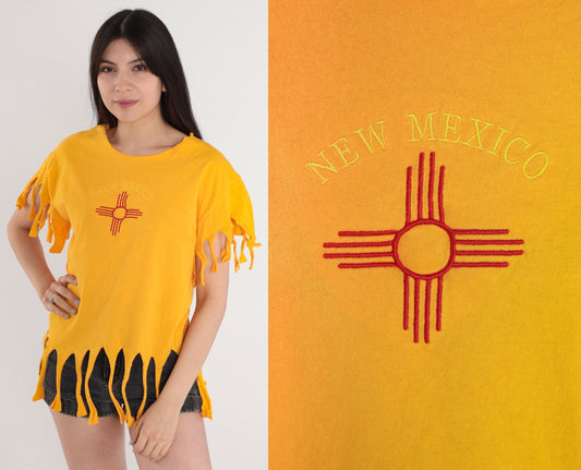 90s New Mexico Zia Graphic T-Shirt Yellow Fringe Trim Medium M