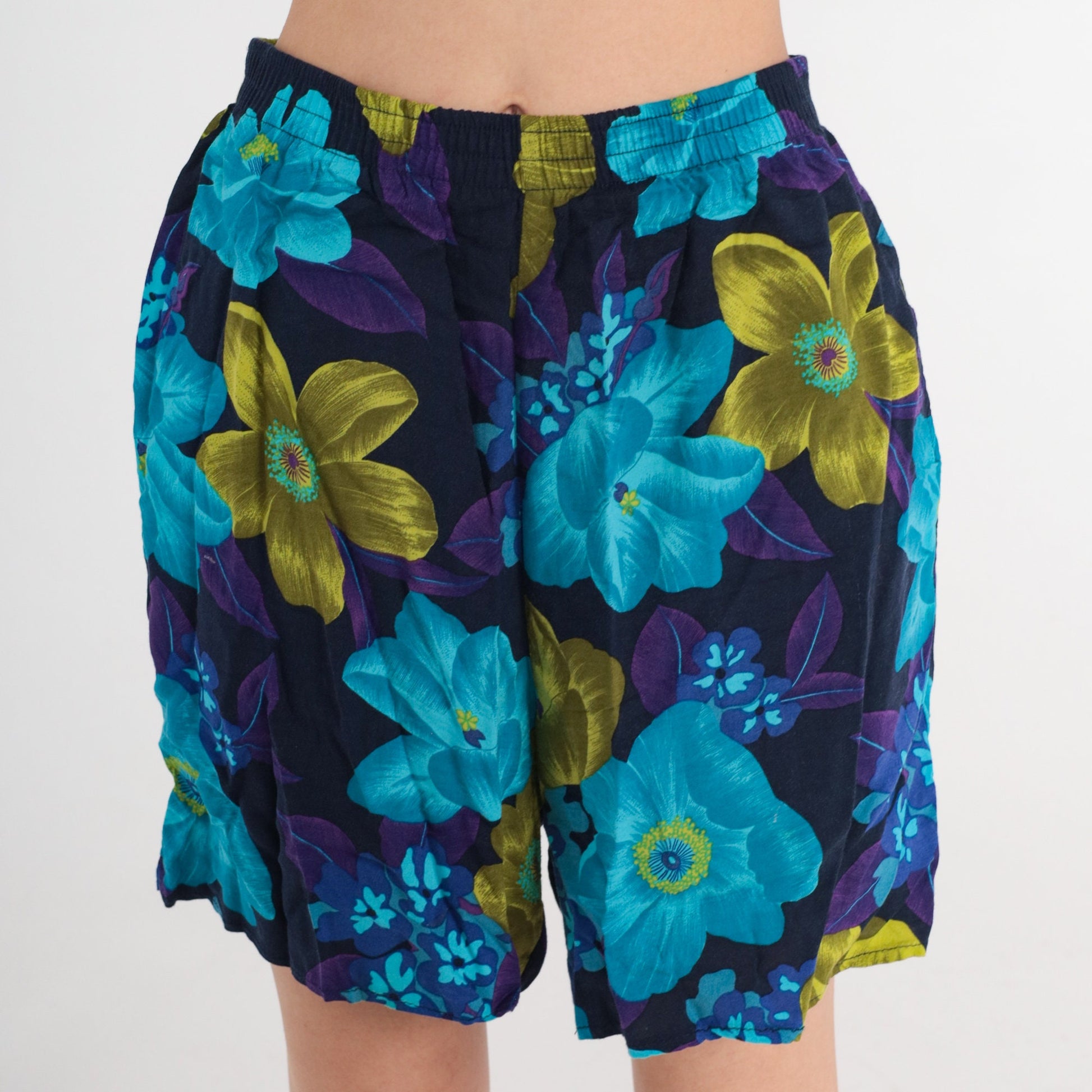 90s Tropical Floral Print Shorts High Elastic Waist Blue Purple Green Medium
