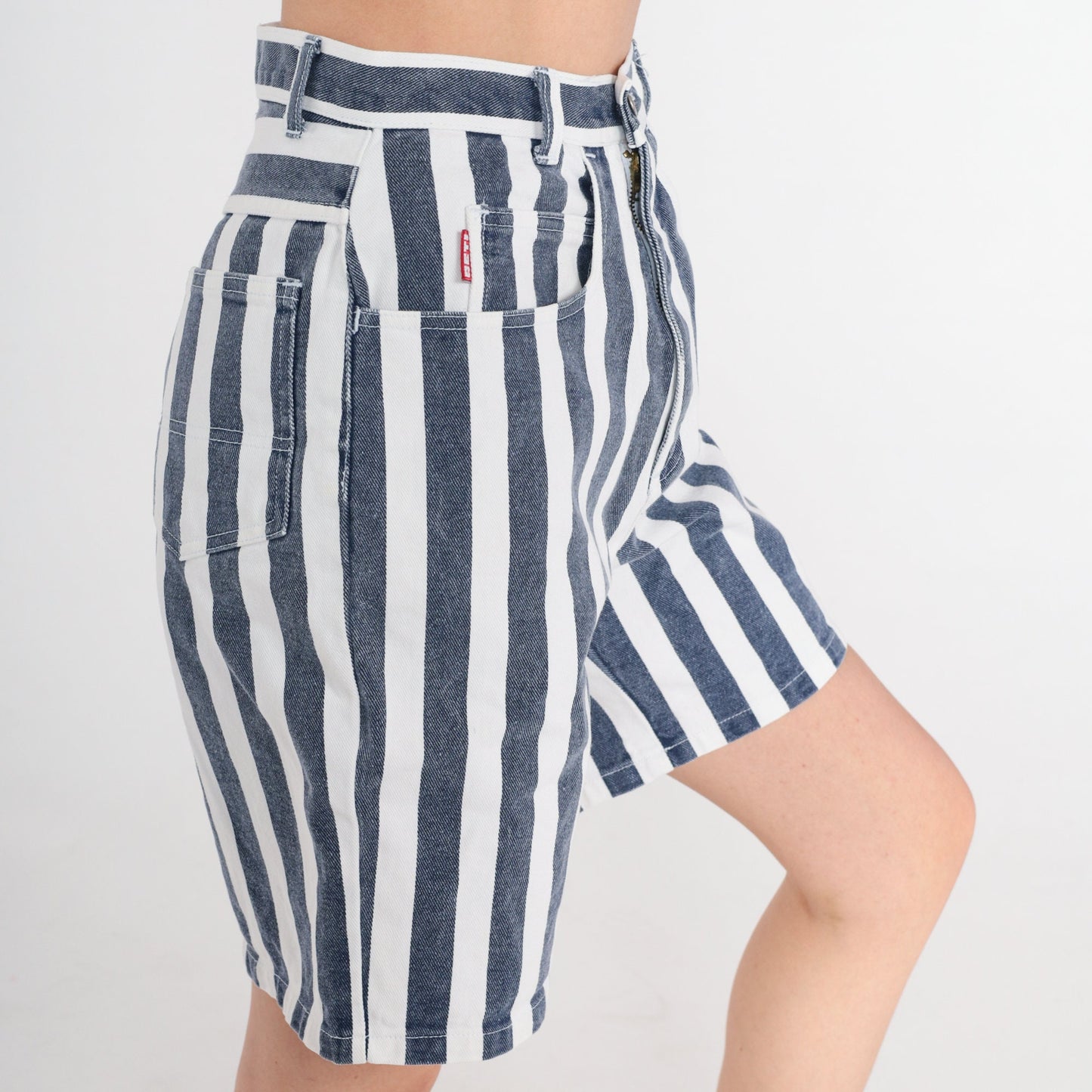 90s Striped Denim Shorts High Waisted Blue White Knee Length Small S