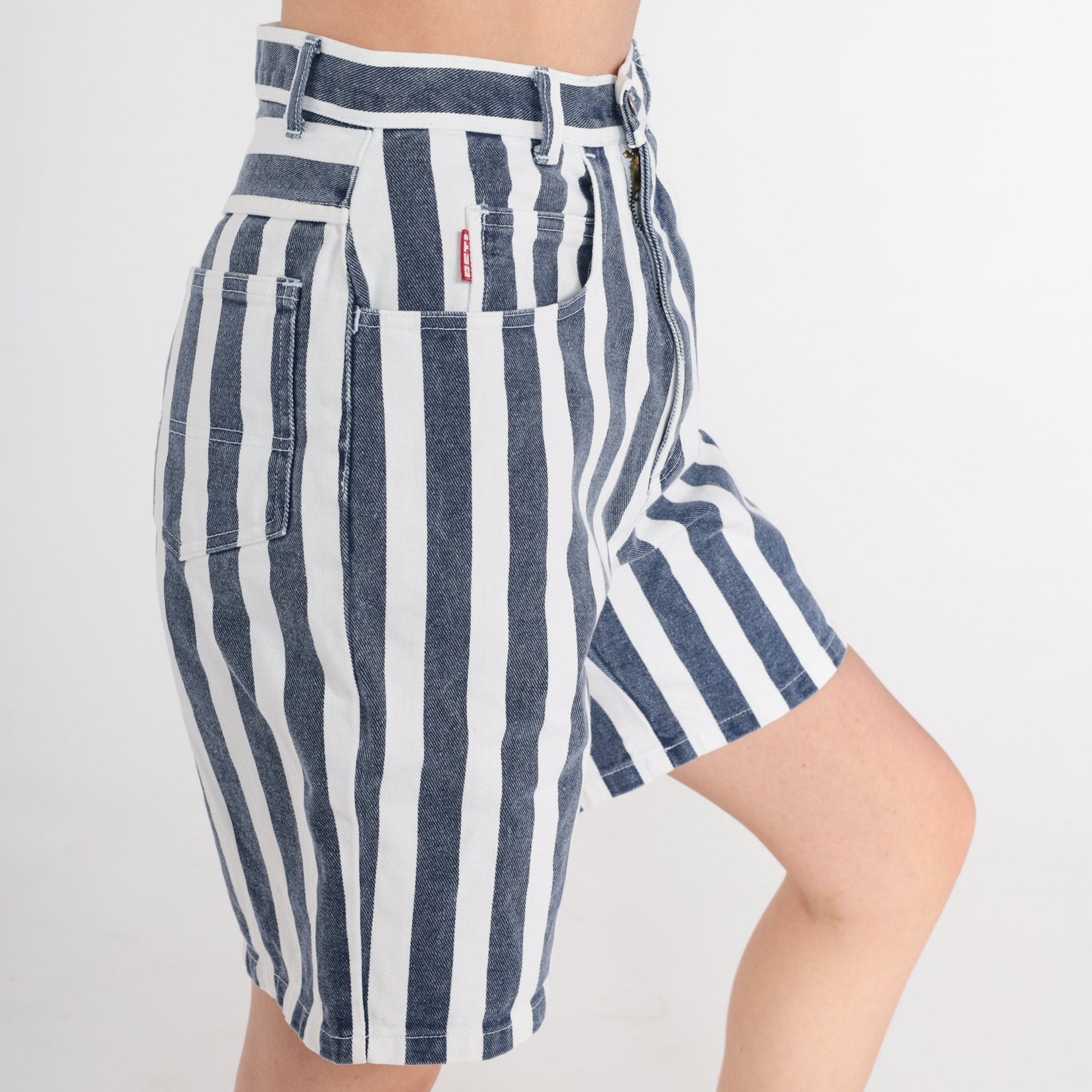 90s Striped Denim Shorts High Waisted Blue White Knee Length Small S