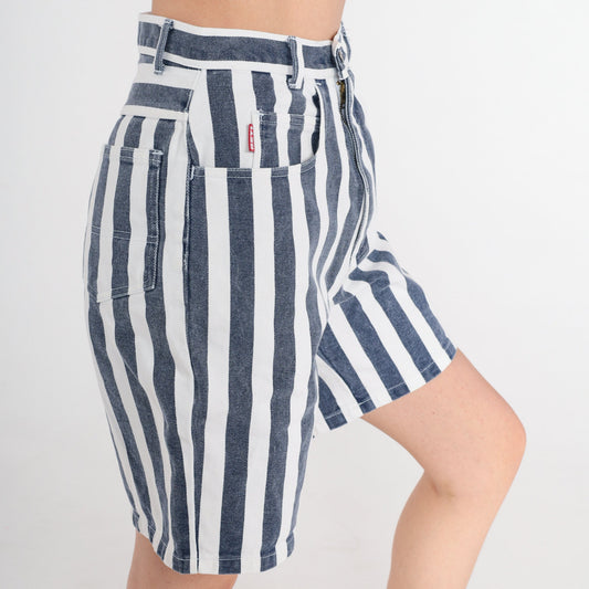 90s Striped Denim Shorts High Waisted Blue White Knee Length Small S