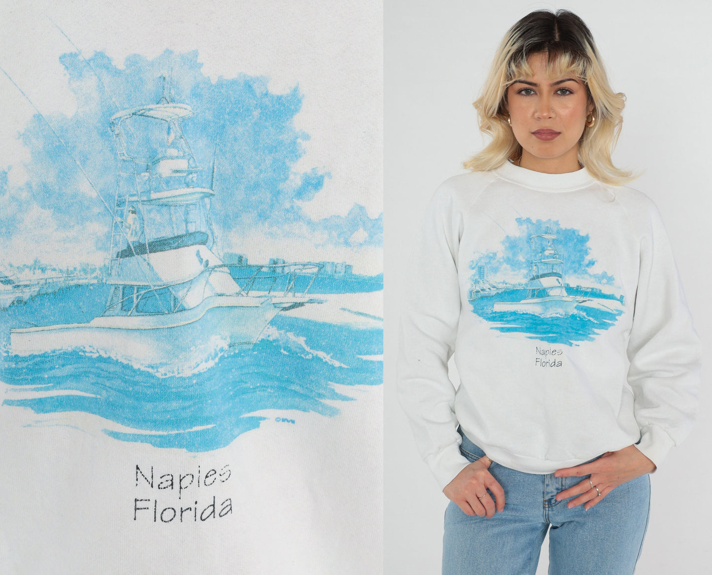 90s Naples Florida Boat Sweatshirt White Raglan Graphic Crewneck Medium Large