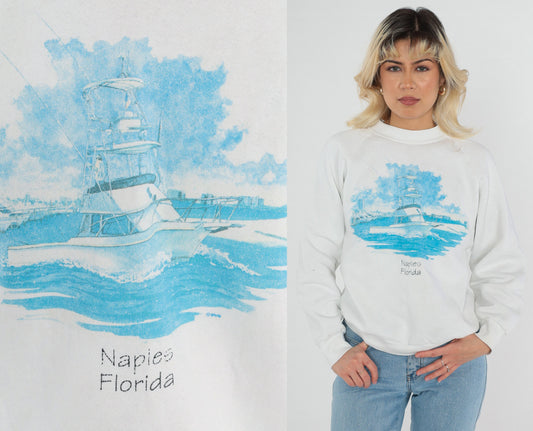 90s Naples Florida Boat Sweatshirt White Raglan Graphic Crewneck Medium Large
