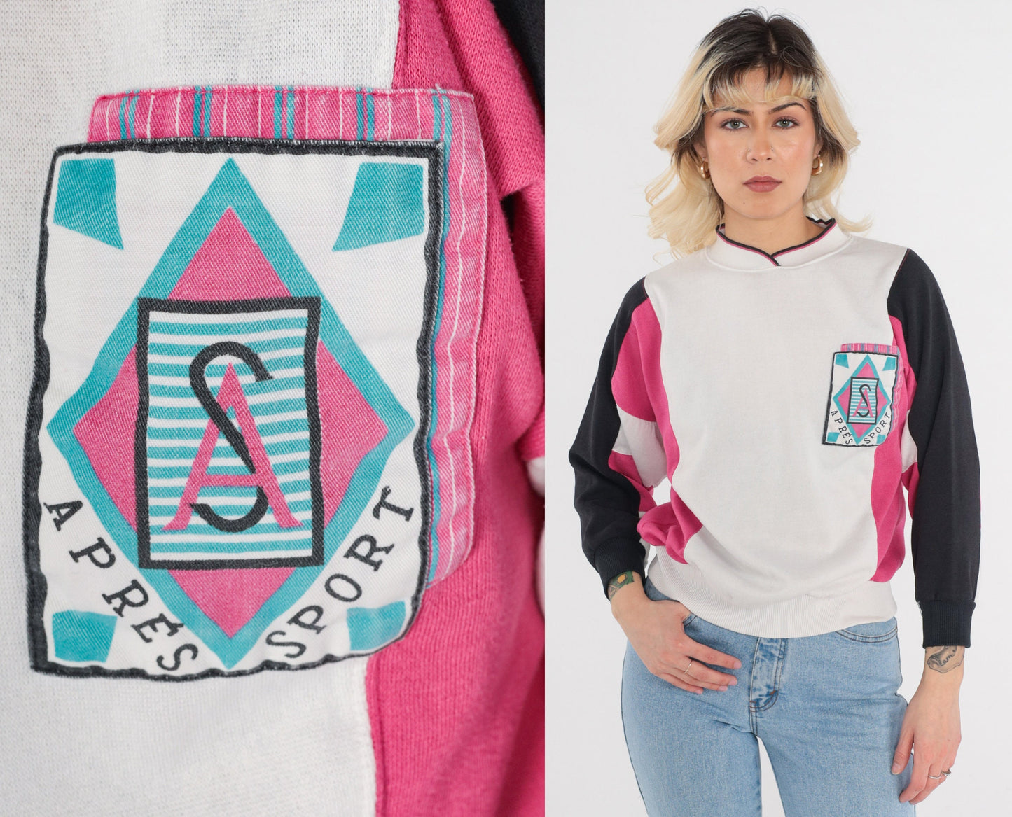 90s Apres Sport Color Block Sweatshirt White Pink Black Crewneck Small