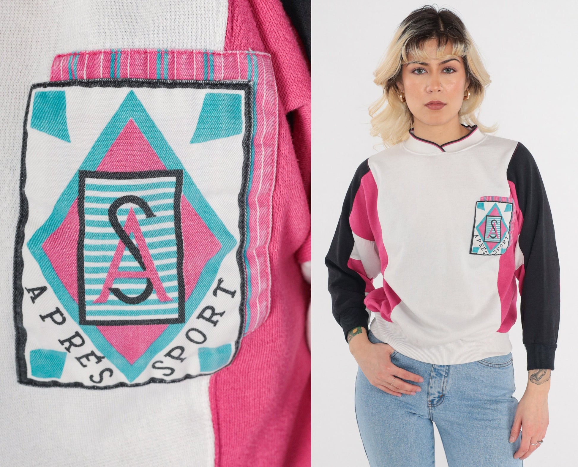 90s Apres Sport Color Block Sweatshirt White Pink Black Crewneck Small