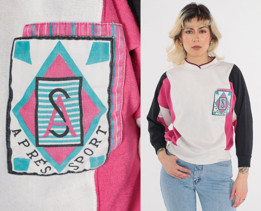 90s Apres Sport Color Block Sweatshirt White Pink Black Crewneck Small