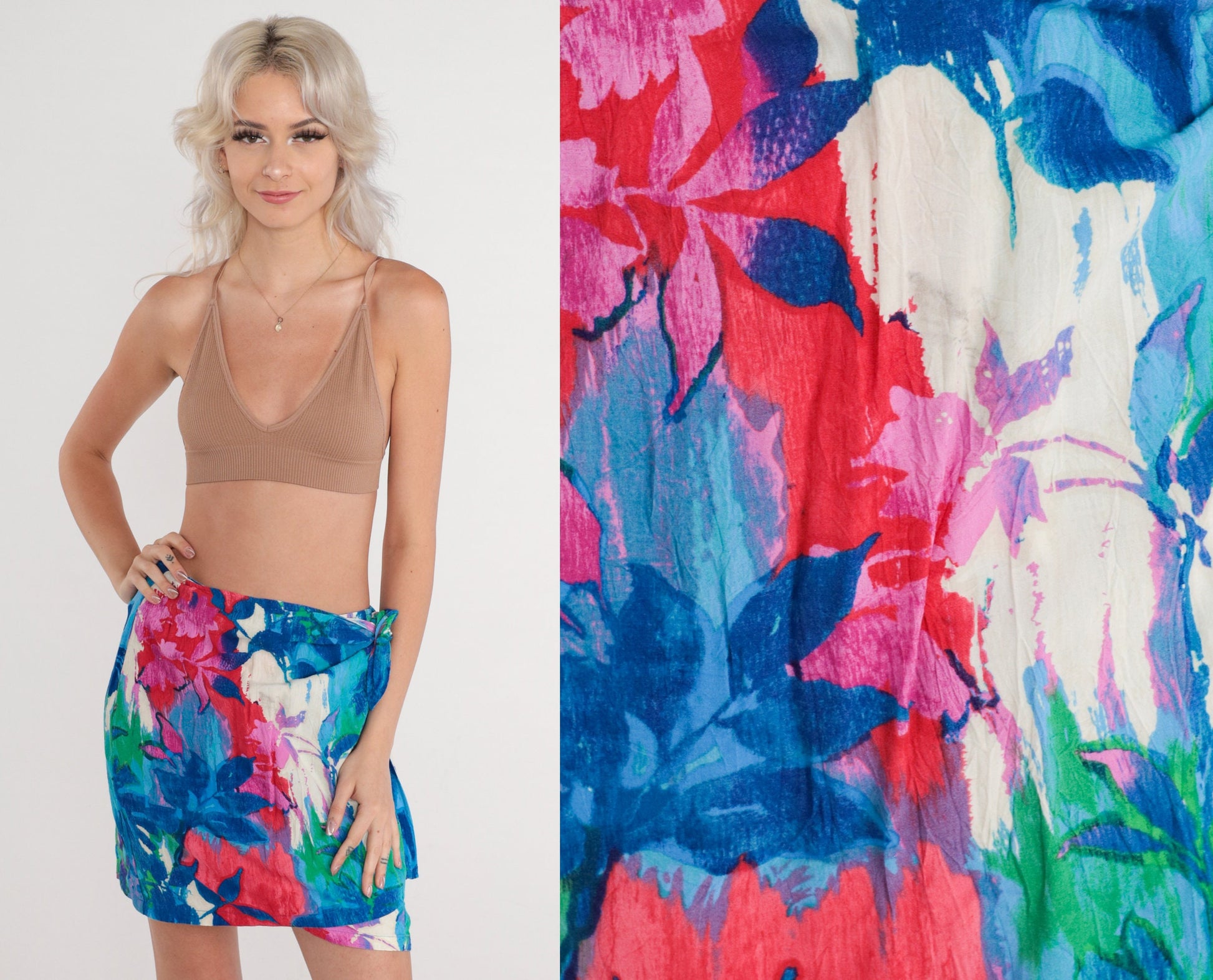 Y2K Jam's World Tropical Floral Wrap Mini Skirt White Pink Blue Small
