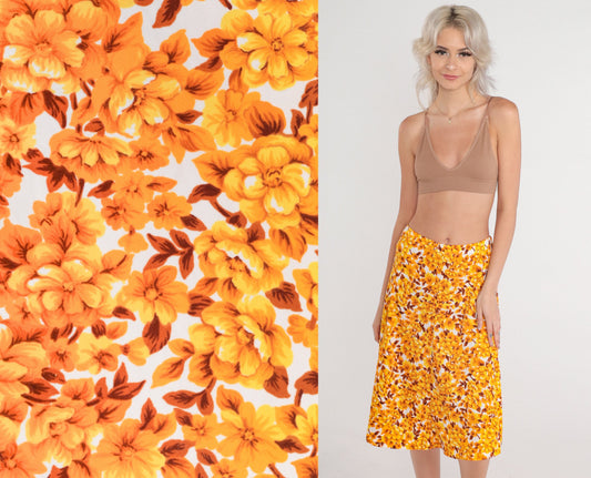 80s Floral Midi Skirt High Waist A-Line White Yellow Orange Small Medium
