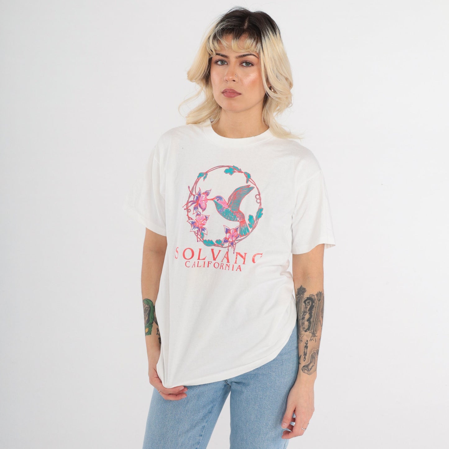 90s Solvang California Hummingbird Graphic T-Shirt White Cotton Single Stitch Medium