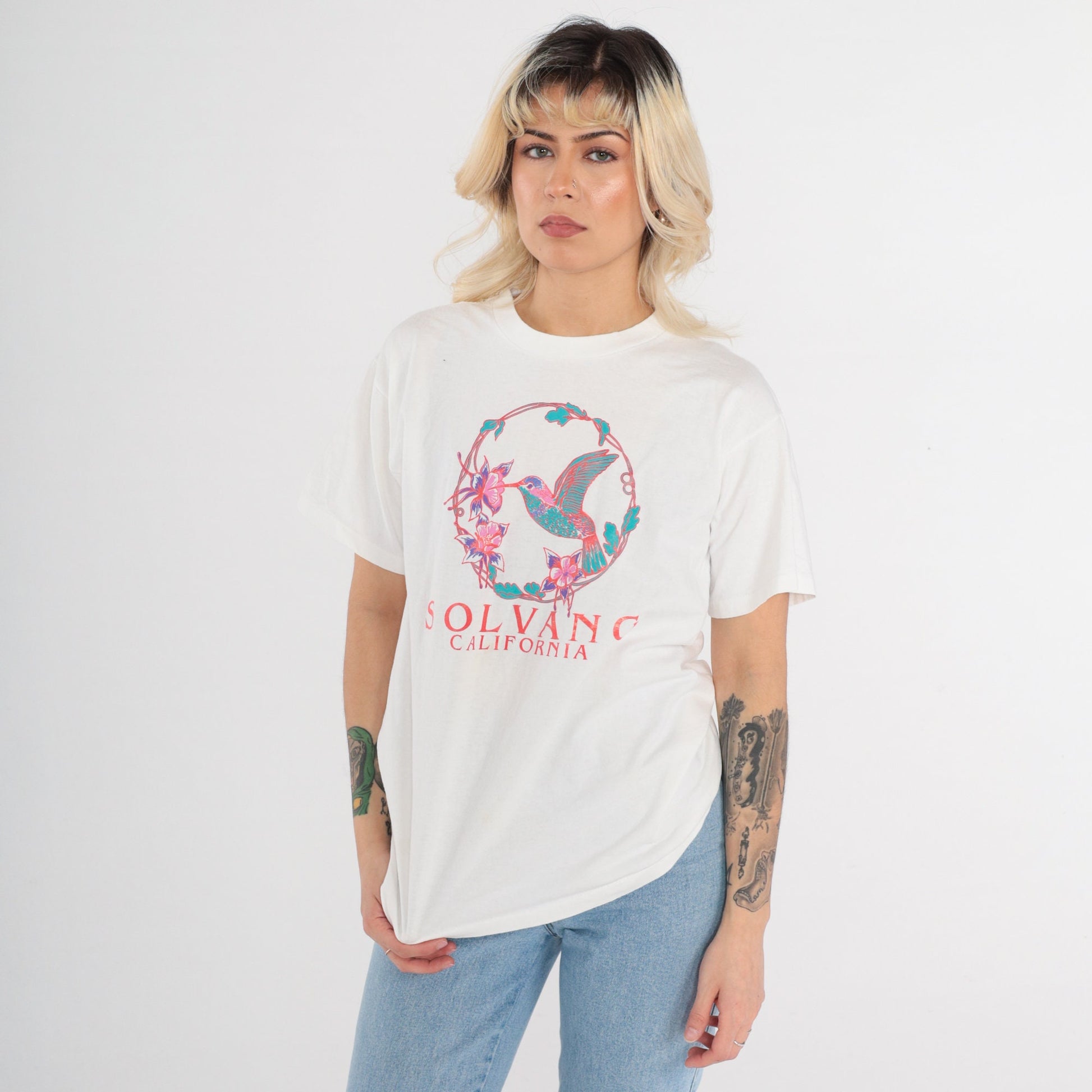 90s Solvang California Hummingbird Graphic T-Shirt White Cotton Single Stitch Medium