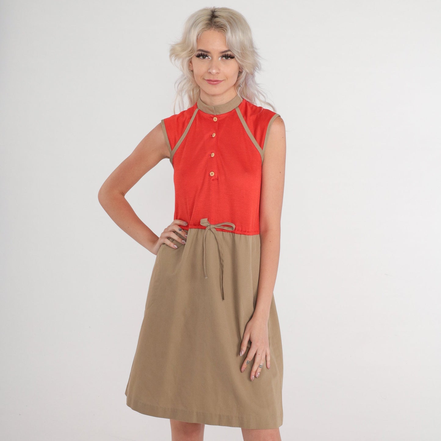 80s Red Tan Colorblock Mini Shirtdress Button-Up Bow Waist Extra Small