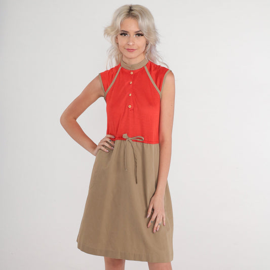 80s Red Tan Colorblock Mini Shirtdress Button-Up Bow Waist Extra Small