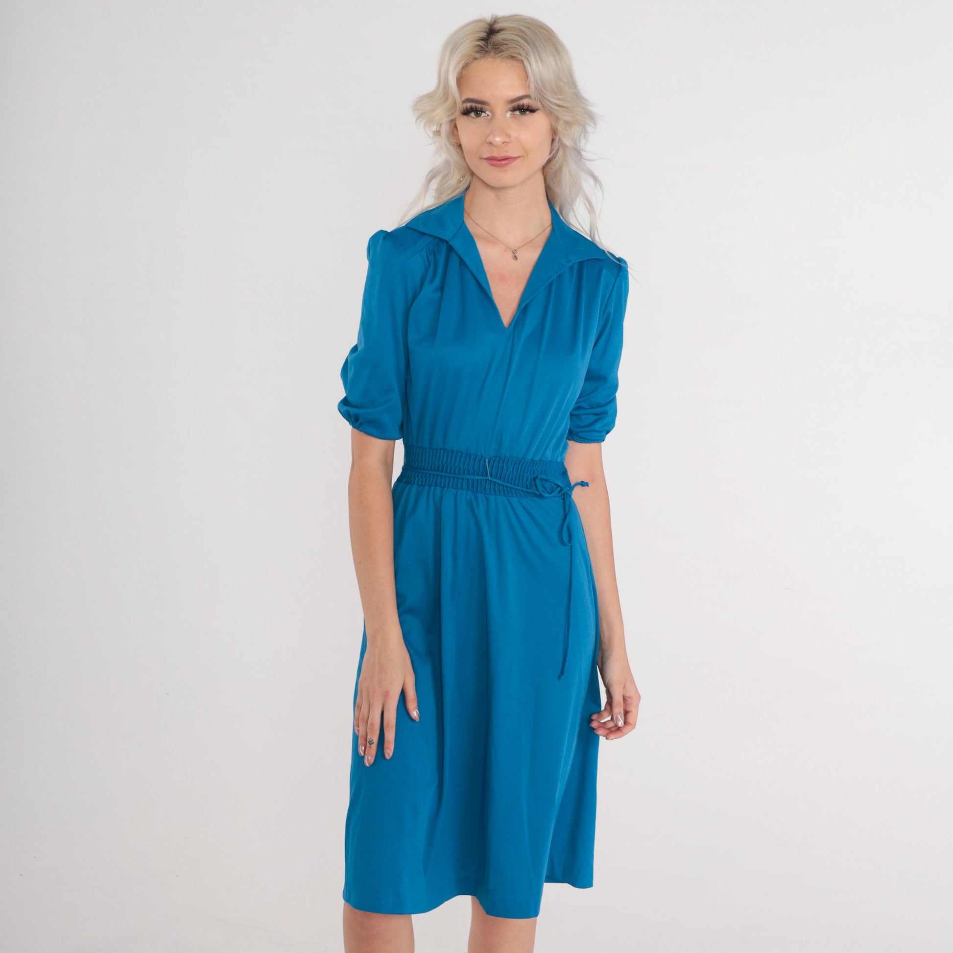 70s Blue Midi Dress Puff Sleeve High Waist Collared V-Neck Extra Small