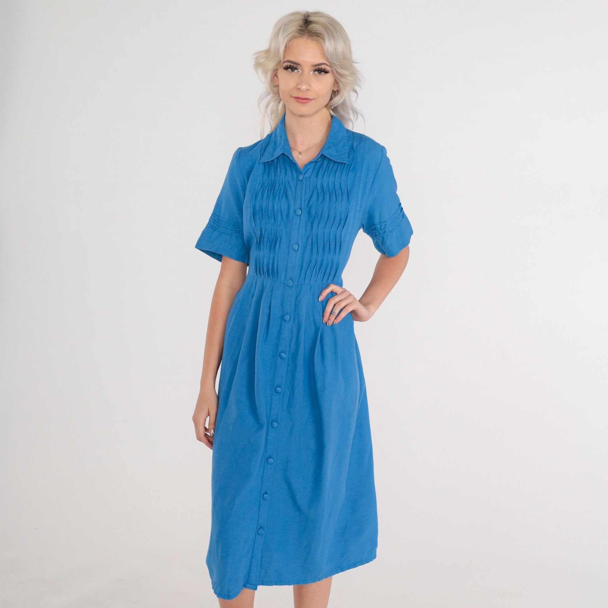 90s Coldwater Creek Blue Midi Shirtdress Pleated High Waisted Small S