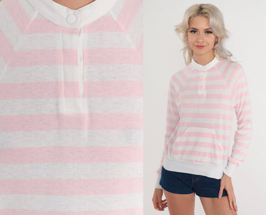 80s Pink White Striped Henley Sweatshirt Kangaroo Pocket Snap Pullover Extra Small