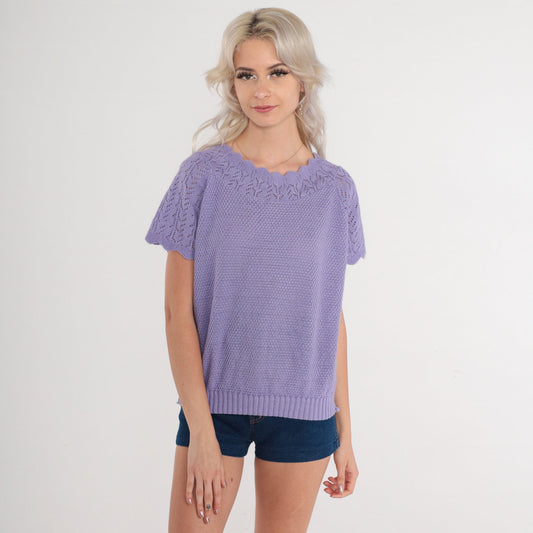80s Purple Pointelle Knit Top Scalloped Short Sleeve Blouse Medium