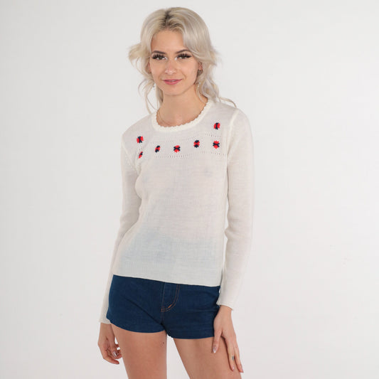 70s Floral Embroidered White Knit Pullover Sweater Cutout Small