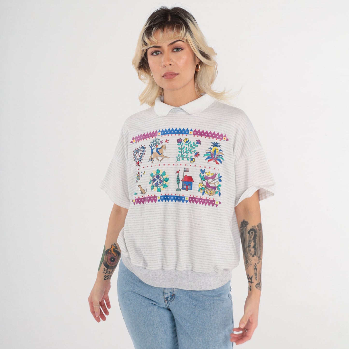 90s Striped Collared Shirt Floral Animal Print Grey White Cotton Large