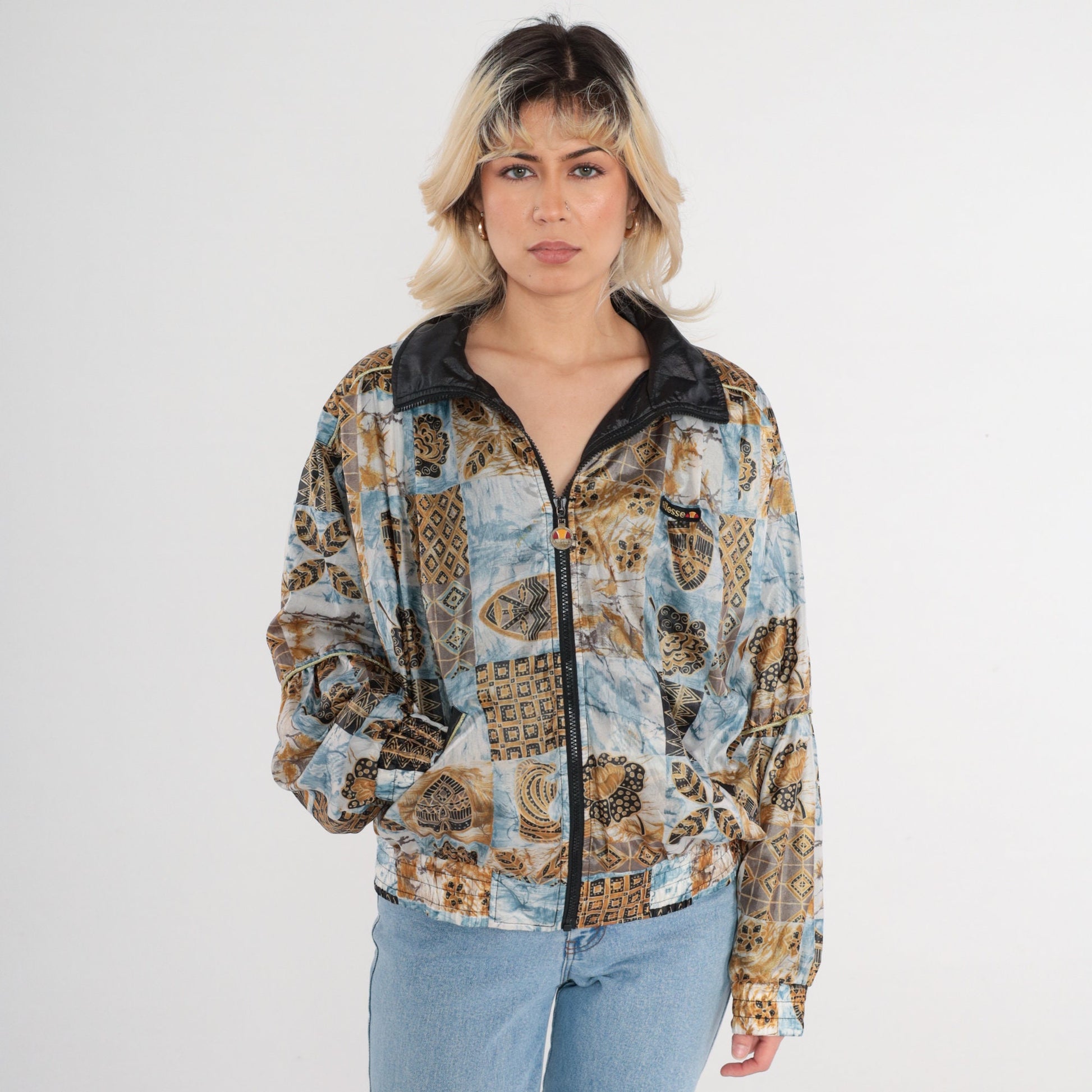 80s Ellesse Windbreaker Jacket Blue White Marble Geometric Floral Print Zip Bomber XS