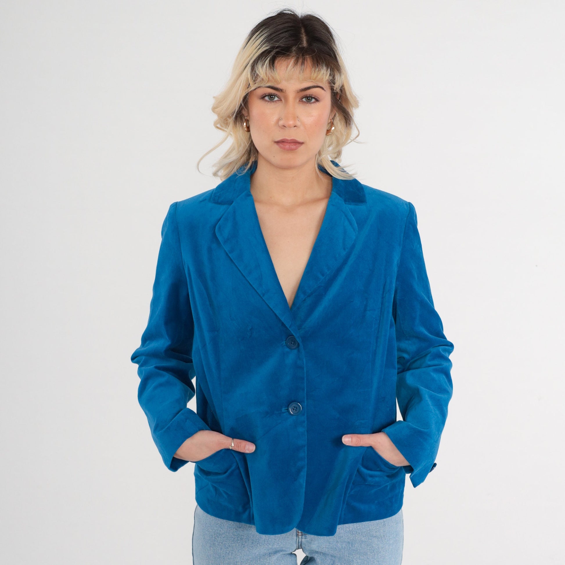 90s Studio Works Blue Velvet Blazer Button-Up Jacket Medium