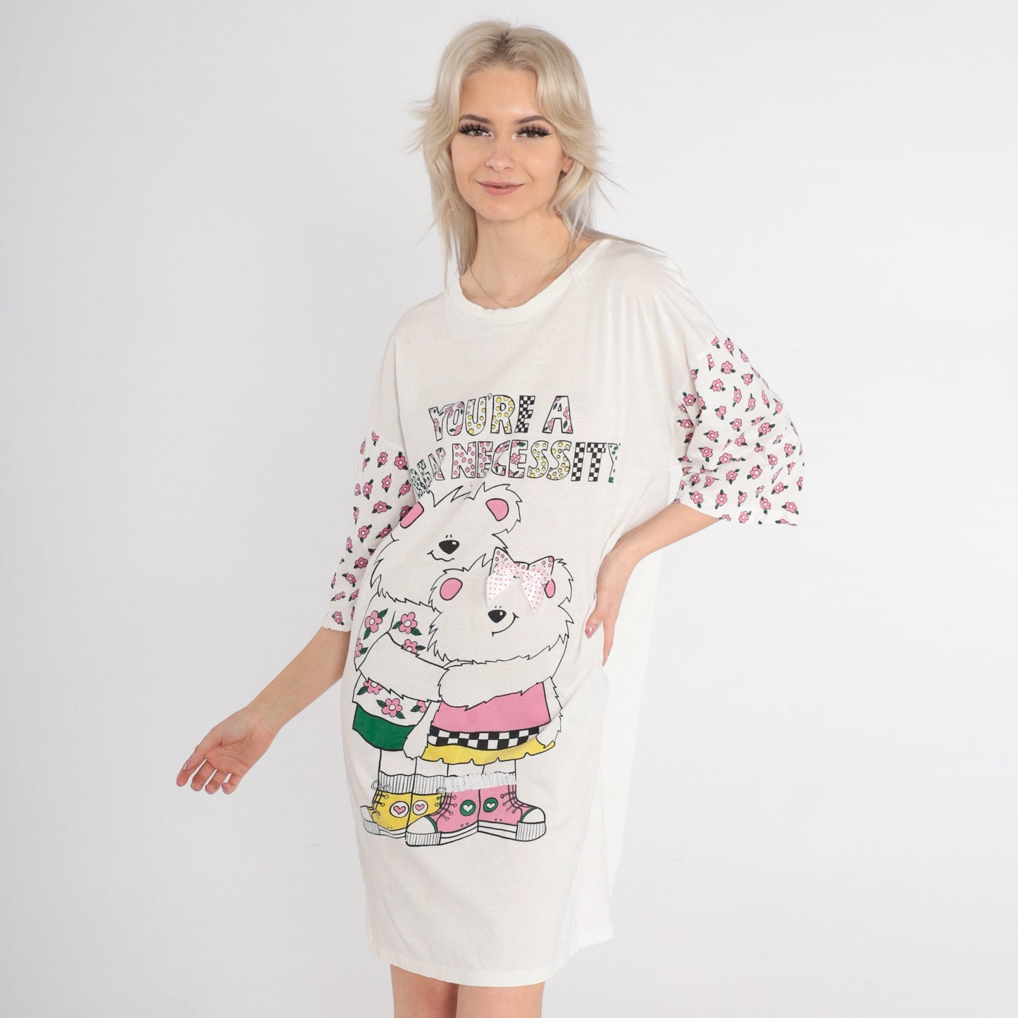 90s Teddy Bear Graphic T-Shirt Dress You're a Bear Necessity Mini Cream Small