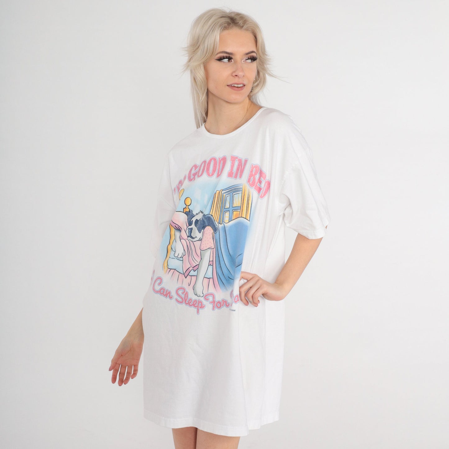 Y2K Big Dogs Pajama Dress 'I'm Good in Bed' Graphic Tee Mini Cotton Small