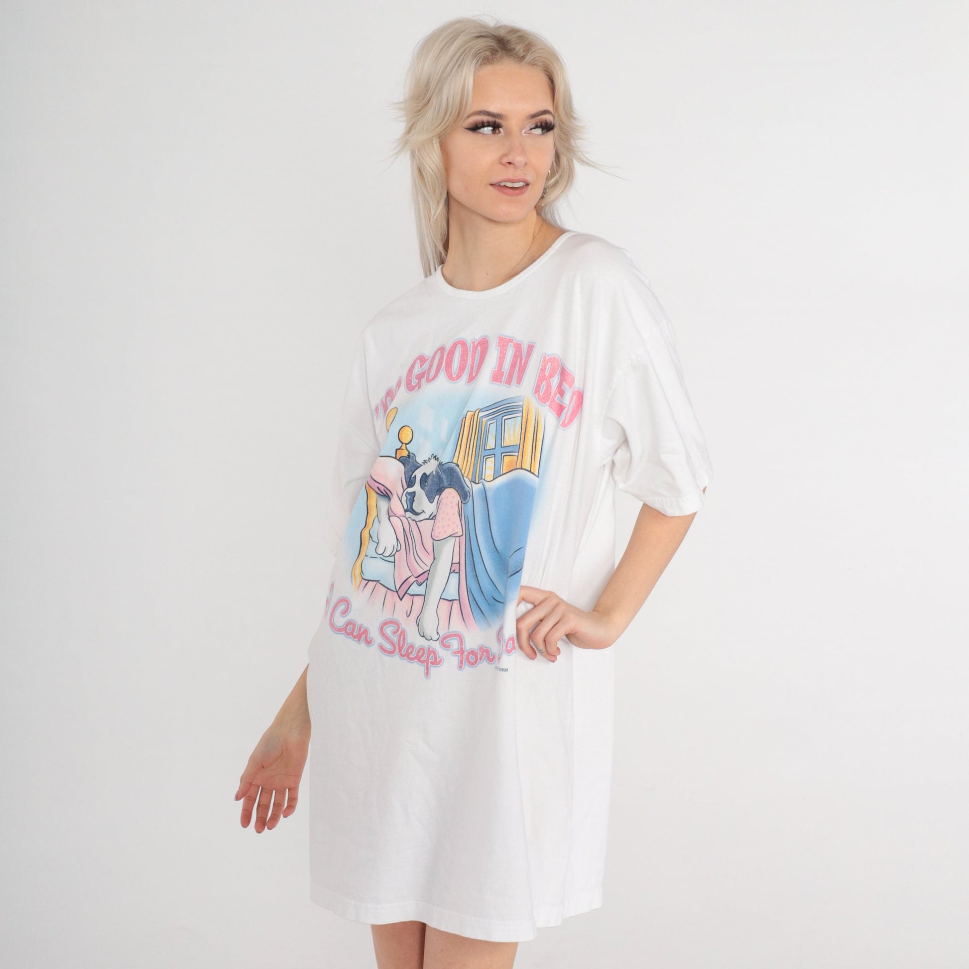 Y2K Big Dogs Pajama Dress 'I'm Good in Bed' Graphic Tee Mini Cotton Small