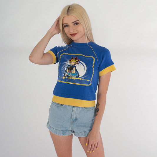 90s Yu-Gi-Oh Crop Top Raglan Graphic Tee Blue Yellow 2XS